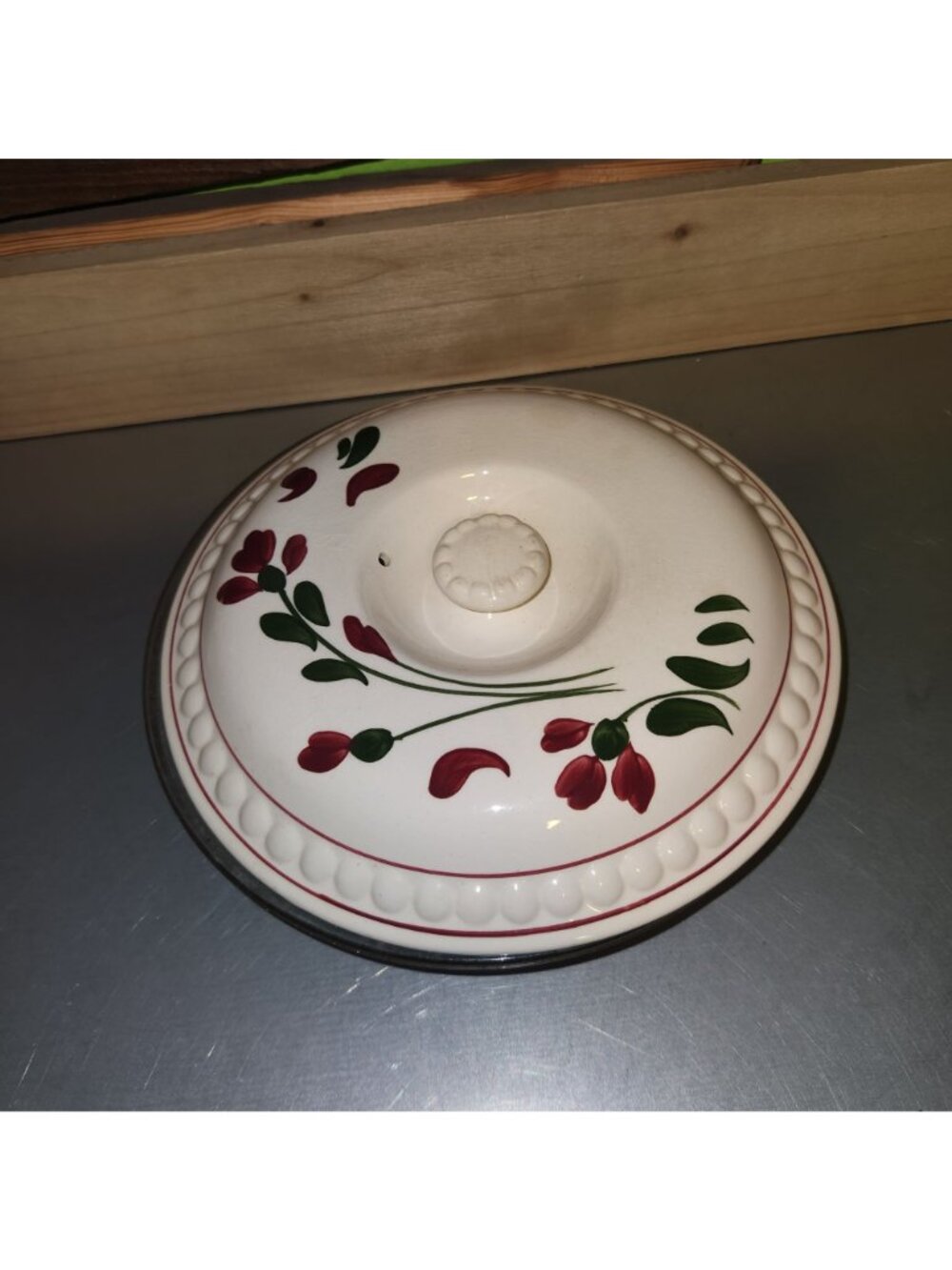 Hand-Painted Ceramic Pie Lid with Red Floral Design & Glass Dish for Baking Pies